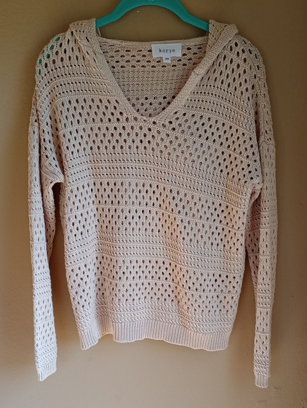 Korye Cotton Open Knit Long Sleeve Hooded Casual Sweater Size XS Oversized